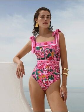 Kids Pink Floral One-Piece Swimsuit with Tie Straps